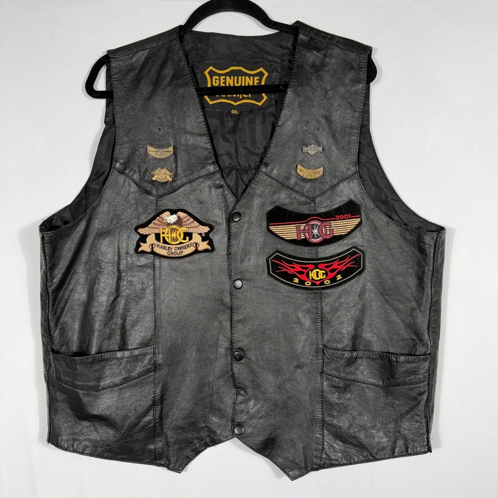 Vtg Harley Davidson Leather Biker Vest 2XL Black HOG Patches Eagle Pins Y2K